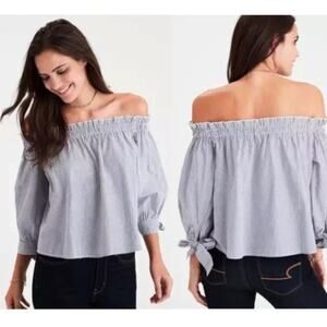 American Eagle Striped Off-Shoulder Top Tie Arm Casual Romantic Large